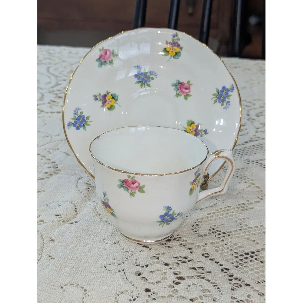 Vintage Tea Cup and Saucer Set White Floral Crown Staffordshire Gold